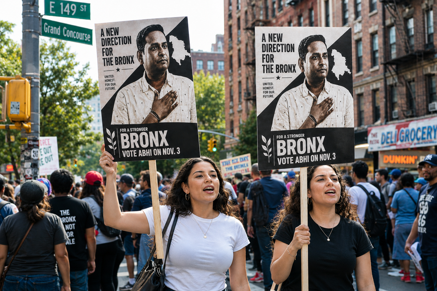 Marchers holding digitally printed campaign protest signs in the Bronx