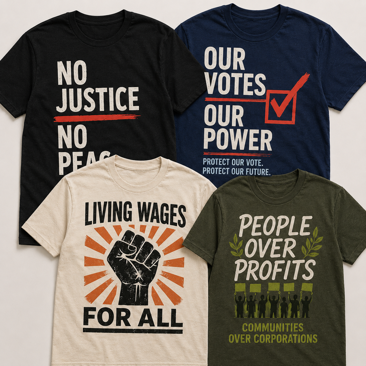 Union-printed t-shirts with activist slogans