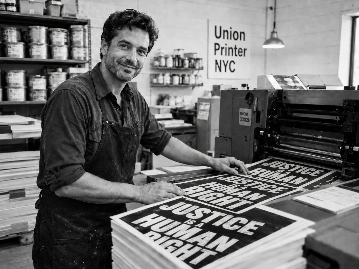 Union Printer NYC tradesman at a press with freshly printed protest signs